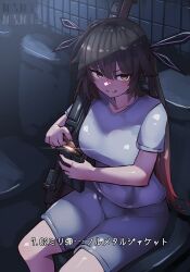 1girl absurdres battle_rifle breasts brown_eyes brown_hair bullet commentary_request full_metal_jacket girls&#039;_frontline gradient_hair gun highres holding holding_bullet holding_magazine_(weapon) indoors long_hair looking_at_viewer m14 m14_(girls&#039;_frontline) magazine_(weapon) multicolored_hair natsukaze_shigure on_toilet parody parted_lips red_hair rifle shirt shorts sitting smile solo toilet translation_request twintails weapon white_shirt white_shorts