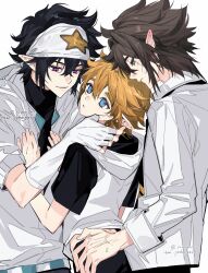 3boys absurdres anmicius aotu_world aqua_eyes bandana black_hair black_necktie black_shirt black_shorts blonde_hair blue_eyes blush brown_hair chinese_commentary closed_mouth ear_blush fingerless_gloves gloves hair_between_eyes hand_on_another&#039;s_cheek hand_on_another&#039;s_chest hand_on_another&#039;s_face hand_on_another&#039;s_hip hat headband highres hood hooded_jacket hoodie jacket kayu_(yukagoin) king_(aotu_world) long_sleeves looking_at_another male_focus multiple_boys necktie parted_lips pointy_ears purple_eyes ray_(aotu_world) shirt short_hair short_sleeves shorts simple_background smile spiked_hair star_(symbol) star_print sweat sweatdrop twitter_username white_background white_gloves white_headband white_hoodie white_jacket white_shirt yaoi