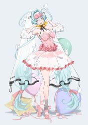 Rule 34 | 1girl, :d, absurdres, ankle socks, aqua eyes, aqua hair, armpits, arms up, balloon, bare shoulders, blush, breasts, bug, butterfly, cleavage, commentary request, frilled skirt, frills, gloves, grey socks, hair between eyes, hair ornament, hairband, hatsune miku, highres, insect, leotard, long hair, looking at viewer, maria (syake-uni), microskirt, miniskirt, open mouth, pink leotard, pink ribbon, pink shoes, pink skirt, ribbon, see-through clothes, see-through skirt, shoes, simple background, single sock, skirt, sleep mask, sleeveless, smile, sneakers, socks, solo, star balloon, thighs, tiptoes, twintails, very long hair, vocaloid, white background, white butterfly, white hairband, yellow gloves