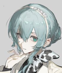 1girl aqua_eyes aqua_hair blue_hair bow grey_background hair_between_eyes hair_bun hairband looking_at_viewer original parted_lips portrait qyzhiaiyisheng shirt simple_background single_hair_bun
