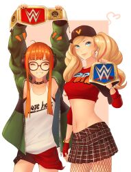 2girls ahoge arms_up baseball_cap belt black_choker black_hat black_nails black_shorts blonde_hair blue_eyes blue_nails bracelet breasts championship_belt choker closed_eyes crop_top crossover earrings fingerless_gloves fishnet_pantyhose fishnets glasses gloves gold_bracelet gold_earrings green_jacket grin hand_up hat highres holding holding_belt hoop_earrings jacket jewelry long_hair looking_at_viewer medium_breasts midriff miniskirt multiple_girls navel necr0nomic0n_fs official_alternate_costume orange_hair pantyhose persona persona_5 persona_5:_dancing_star_night persona_dancing plaid_clothes plaid_skirt red_gloves sakura_futaba shorts simple_background skirt smile studded_choker takamaki_anne tank_top twintails white_belt white_tank_top wwe