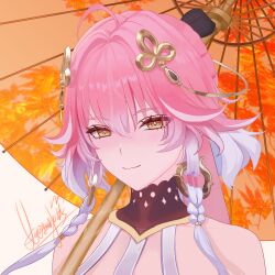 1girl bare_shoulders changli_(wuthering_waves) closed_mouth hair_between_eyes hair_ornament highres holding holding_umbrella long_hair looking_at_viewer multicolored_hair oil-paper_umbrella pink_hair portrait smile solo umbrella white_hair wuthering_waves yellow_eyes zixuelanren
