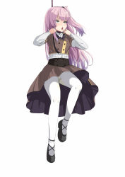 1girl artist_request asphyxiation black_vest blouse blush cross-laced_footwear drooling dying female_focus green_eyes hanged highres loli long_skirt mary_janes noose open_mouth pantyhose peeing peeing_self pink_hair rope shirt shoes short_sleeves side_ponytail skirt solo suicide toji_no_miko tsubakuro_yume upskirt vest white_pantyhose