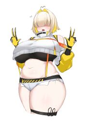 1girl absurdres ahoge blonde_hair blunt_bangs blush breasts commentary_request cropped_legs double_v elegg_(nikke) exposed_pocket fang gloves goddess_of_victory:_nikke grey_shorts hair_intakes hair_over_eyes highres large_breasts long_bangs long_sleeves looking_at_viewer multicolored_hair navel noe_(ppppriver) open_mouth short_shorts shorts simple_background skin_fang solo suspender_shorts suspenders thick_thighs thigh_strap thighs two-tone_hair v white_background
