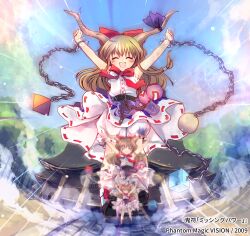 Rule 34 | 1girl, 2009, ^ ^, armpits, arms up, bare arms, belt, black shoes, bloomers, blue sky, blush, bow, bowtie, brown horns, closed eyes, commentary request, cube, cuffs, frilled cuffs, full body, giant, giantess, gourd, hakurei shrine, highres, horn bow, horn ornament, horns, ibuki suika, long hair, motion blur, motion lines, open mouth, outdoors, purple bow, red bow, red bowtie, ribbon-trimmed skirt, ribbon trim, shackles, shirt, shoes, sky, sleeveless, sleeveless shirt, smile, socks, solo, torii sumi, torn clothes, torn sleeves, touhou, tree, underwear, white bloomers, white shirt, white socks, wrist cuffs