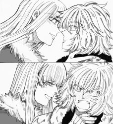 2boys androgynous angry blush canute embarrassed eyebrows_hidden_by_hair eyelashes eyes_visible_through_hair face-to-face fur_trim highres looking_at_another looking_to_the_side male_focus monochrome multiple_boys open_mouth panels parted_lips prince profile sidelocks smile sweat teasing themy_minamino thorfinn viking vinland_saga yaoi
