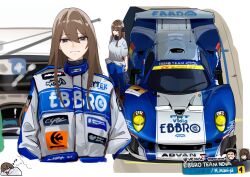 1girl absurdres advan asamiya_mariko_(holeecrab) breasts brown_hair car chibi chibi_inset dreaming grey_jumpsuit hands_in_pockets head_tilt highres holeecrab jumpsuit jumpsuit_around_waist looking_at_viewer medium_breasts motor_vehicle motul_(company) multiple_views nose_bubble open_mouth original parted_lips race_vehicle racecar racing_suit real_life red_footwear shoes sleeping smile sneakers spoiler_(automobile) sponsor super_gt surprised tanaka_tetsuya team_nova upper_body vehicle_focus vemac vemac_rd350r zzz