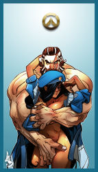 1boy 1girl ana_(overwatch) beard beret blue_background blue_border border breasts captain_amari cheunchin cowboy_shot dark_skin facial_hair facing_viewer grabbing_another&#039;s_breast grabbing_from_behind gradient_background grey_hair groping hair_over_one_eye hat hetero highres jacket large_breasts looking_at_viewer muscular muscular_male mustache open_clothes overwatch overwatch_1 reach-around reinhardt_(overwatch) scar simple_background standing tagme