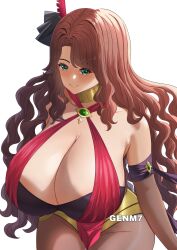 1girl artist_name bare_shoulders blush breasts brown_hair choker collarbone dorothea_arnault dorothea_arnault_(plegian) female_focus fire_emblem fire_emblem:_three_houses fire_emblem_heroes genm7 green_eyes highres jewelry large_breasts long_hair nintendo smile solo wavy_hair