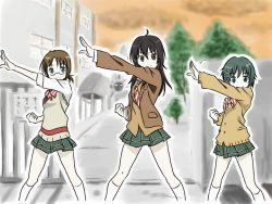 3girls akatsuki_remon black_hair bow bowtie brown_eyes brown_hair cardigan coppelion fukasaku_aoi glasses green_eyes green_hair green_skirt haiyore!_nyaruko-san kamen_rider kneehighs miniskirt multiple_girls naruse_ibara necktie nomura_taeko outdoors pale_skin parody plaid_clothes plaid_skirt pleated_skirt ponytail school_uniform short_hair short_ponytail skirt sleeves_rolled_up socks striped_bow striped_bowtie striped_clothes striped_necktie striped_neckwear sweater_vest tokusatsu tower_of_the_sun tree white_legwear