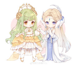 Rule 34 | 2girls, absurdres, ankle flower, bare shoulders, blonde hair, blue gemstone, blue hair, blue halo, blue tabard, blunt bangs, braid, butterfly earrings, chain, chest jewel, chibi, chinese commentary, circlet, closed mouth, collar, commentary request, crescent halo, crown braid, detached collar, detached sleeves, diamond earrings, dot nose, dress, earrings, expressionless, eyelashes, feather trim, feathered wings, flower, forehead, frilled collar, frilled dress, frilled sleeves, frills, gem, gold chain, gradient hair, green hair, hair flower, hair ornament, halo, halo behind head, hand on own chest, happy, head wings, heart, highres, holding hands, infinity nikki, interlocked fingers, jewelry, light blush, light frown, light particles, lips, long dress, long hair, long sidelocks, long sleeves, medium dress, multicolored hair, multiple girls, nikki (series), nuli de chengzhi er, pantyhose, pink lips, pleated dress, puffy long sleeves, puffy sleeves, purple eyes, rose, shoes, sidelocks, silvergale&#039;s aria (infinity nikki), sleeves past wrists, smile, standing, straight hair, strapless, strapless dress, tabard, tareme, train (clothing), two-tone dress, very long hair, watermark, wavy hair, weibo watermark, white background, white collar, white dress, white pantyhose, white sleeves, white wings, wings, wishful aurosa (infinity nikki), yellow dress, yellow eyes, yellow flower, yellow halo, yellow rose, yellow shoes