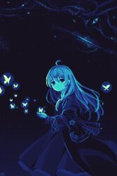 1girl ahoge artist_logo blue_theme bug butterfly commentary cupping_hands dress elaina_(majo_no_tabitabi) english_commentary glowing highres insect logo long_hair looking_at_viewer majo_no_tabitabi monochrome night night_sky normalpixel outdoors own_hands_together parted_lips pixel_art robe sky solo standing