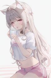 1girl :d absurdres ahoge animal_ear_fluff animal_ears blush breasts brown_hair commentary_request crop_top crop_top_overhang cup dolphin_shorts grey_background hair_intakes highres holding holding_cup indie_virtual_youtuber long_hair looking_at_viewer medium_breasts midriff mug navel open_mouth pink_eyes pink_shorts rucaco shirt shirt_overhang short_shorts short_sleeves shorts sitting smile solo tail uise_iu very_long_hair virtual_youtuber white_shirt