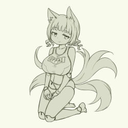 1girl animal_ears bare_shoulders blunt_bangs breasts closed_mouth collarbone commentary_request doll_joints drill_hair fox_ears fox_tail grey_background greyscale hands_on_lap highres joints large_breasts looking_at_viewer monochrome old_school_swimsuit original pas_(paxiti) school_swimsuit short_hair simple_background sitting smile solo swimsuit tail twin_drills