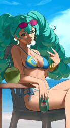 1girl :3 aqua_eyes aqua_hair aqua_nails arm_at_side arm_on_table arm_rest bangle bare_shoulders beach big_hair bikini bikini_tan black-framed_eyewear blue_bikini blue_eyes blue_hair blue_nails blue_sky bracelet brazilian_flag brazilian_flag_print brazilian_miku breasts can chair cleavage closed_mouth cloud collarbone commentary crossed_bangs crossed_legs curly_hair dark-skinned_female dark_skin day double-parted_bangs drink drink_can drinking_straw earrings english_commentary eyebrow_cut eyebrows_hidden_by_hair eyewear_on_head feet_out_of_frame fingernails flag_print flag_print_bikini foot_up fruit_cup gold_bracelet gold_earrings guarana_antarctica hair_between_eyes hair_intakes half-closed_eyes hand_up hatsune_miku head_tilt highleg highleg_bikini highres holding holding_can holding_drink hoop_earrings jewelry karassawa light_smile long_eyelashes long_hair looking_at_viewer looking_to_the_side medium_breasts multi-strapped_bikini_bottom multiple_bracelets narrowed_eyes outdoors print_bikini purple-tinted_eyewear reclining shade side-tie_bikini_bottom sidelocks sitting sky smirk smug soda soda_can solo string_bikini summer sunglasses sunlight swimsuit table tan tanline tanline_peek thick_eyebrows thick_eyelashes thighs tinted_eyewear twintails underboob v v-shaped_eyebrows very_long_hair vocaloid water wooden_table