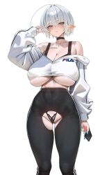 1girl anima_(togashi) bare_shoulders black_choker black_panties black_pants blue_eyes blue_nails breasts choker cleavage hand_up highres holding huge_breasts large_breasts long_sleeves looking_at_viewer mole mole_on_breast mole_under_eye nail_polish naofilia_(anima) off_shoulder original paid_reward_available panties pants parted_lips short_hair solo standing sweat sweater underboob underwear v white_background white_hair white_sweater
