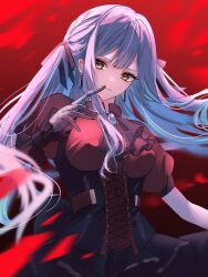 1girl ascot bang_dream! bang_dream!_it&#039;s_mygo!!!!! black_ascot black_corset black_ribbon blue_brooch blue_hair breasts commentary corset dress gloves grey_gloves hair_ribbon highres long_hair medium_breasts oblivionis_(bang_dream!) red_background red_shirt ribbon shirt short_sleeves sidelocks solo togawa_sakiko wasabi_(dione)