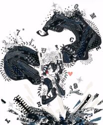 1girl 39 abstract collared_shirt commentary_request diagonal-striped_clothes diagonal-striped_necktie elbow_gloves floating_hair flower gloves greyscale hair_between_eyes hair_flower hair_ornament hands_up hatsune_miku headset heart long_hair masking_tape_(medium) monochrome necktie nisoku_hokou_(vocaloid) poncho_(ponpontyo_8) shirt sidelocks sideways_glance simple_background skirt sleeveless sleeveless_shirt solo spot_color striped_clothes twintails unconventional_media upper_body very_long_hair vocaloid