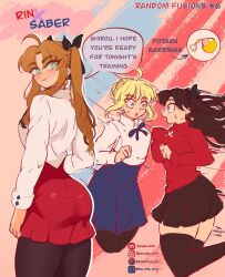 Rule 34 | ahoge, artoria pendragon (fate), black hair, blonde hair, brown hair, earrings, fate/stay night, fate (series), fusion, green eyes, hair ribbon, jewelry, penpen arts, potara earrings, potara fusion, ribbon, saber (fate), skirt, tohsaka rin