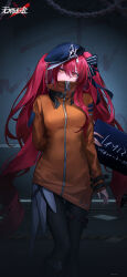 1girl absurdres against_wall arm_behind_back black_boots black_bow black_hat black_pantyhose boots bow breasts newsboy_cap chain character_name copyright_name covered_mouth feet_out_of_frame hair_between_eyes hair_bow hat high_collar highres holding holding_sign ignis_(path_to_nowhere) indoors jacket knee_boots logo long_hair long_sleeves looking_at_viewer medium_breasts mugshot official_art official_wallpaper orange_eyes orange_jacket pantyhose path_to_nowhere pouch prison_clothes red_hair sign solo thigh_pouch twintails very_long_hair zipper zipper_pull_tab
