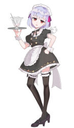 1girl akaneko016 alternate_costume apron black_dress black_thighhighs bowl breasts brooch buttons choker collarbone double-breasted dress enmaided fate/grand_order fate/grand_order_arcade fate_(series) frilled_choker frills full_body hair_ribbon high_heels jewelry kama_(fate) kama_(mistake)_(fate) kama_(mistake)_(second_ascension)_(fate) looking_at_viewer maid maid_headdress open_mouth puffy_short_sleeves puffy_sleeves red_eyes ribbon short_hair short_sleeves small_breasts solo thighhighs tray waist_apron white_apron white_hair wrist_cuffs