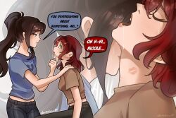 2girls ari_(class_of_09) black_pants blue_shirt blush brown_hair brown_shirt class_of_09 closed_mouth commentary derkdrew124 english_commentary english_text hand_on_another&#039;s_shoulder kiss kissing_neck lipstick_mark lipstick_mark_on_neck long_hair medium_hair multiple_girls nicole_(class_of_09) open_mouth pants ponytail red_hair saliva shirt short_sleeves smile speech_bubble sweat yuri