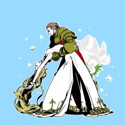 Rule 34 | 1boy, 1girl, aqua background, armor, blonde hair, braid, brown hair, closed eyes, couple, dancing, delita heiral, dress, final fantasy, final fantasy tactics, flower, full body, long hair, mochi (hanamaruudondesu), ovelia atkascha, petals, white dress, white flower, yellow armor