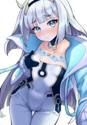 1girl absurdres black_gloves blue_eyes blue_jacket bodysuit breasts eudie_(shadowverse) gloves grabbing_own_breast hairband highres jacket jiangshao_kun long_hair long_sleeves looking_at_viewer open_clothes open_jacket selfie shadowverse shadowverse:_worlds_beyond simple_background small_breasts solo white_background white_bodysuit white_hair
