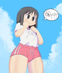 1futa absurdres aioi_yuuko ass black_eyes black_hair blue_sky bulge cloud cowboy_shot developing_erection futanari gym_shorts gym_uniform heart highres mad_mex nichijou pink_shorts shinonome_nano shirt short_hair shorts sky solo speech_bubble t-shirt thick_thighs thighs thought_bubble white_shirt