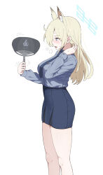 1girl animal_ear_fluff animal_ears blonde_hair blue_archive blue_eyes blue_halo blue_necktie blue_shirt blue_skirt blush collared_shirt dog_ears extra_ears from_side halo hand_fan highres holding holding_fan hot kanna_(blue_archive) long_hair long_sleeves necktie open_mouth shirt simple_background skirt unamaso white_background