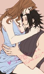 1boy 1girl aerith_gainsborough bare_arms bare_shoulders black_hair blue_dress breasts brown_hair cleavage closed_eyes couple cowboy_shot crisis_core_final_fantasy_vii dated dress final_fantasy final_fantasy_vii green_eyes hand_on_another&#039;s_neck hand_on_another&#039;s_waist heart highres long_hair looking_at_another medium_breasts parted_bangs parted_lips pink_background profile ribbed_sweater sitting sitting_on_lap sitting_on_person sleeveless sleeveless_turtleneck spiked_hair sweater turtleneck turtleneck_sweater yidanqiii zack_fair