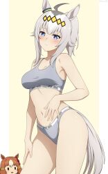 2girls absurdres ahoge animal_ears belno_light_(umamusume) blue_eyes breasts chibi cleavage cowboy_shot grey_hair grey_panties grey_sports_bra hair_ornament highres horse_ears horse_girl horse_tail long_hair medium_breasts multiple_girls oguri_cap_(umamusume) panties pillarboxed sidelocks solo_focus sports_bra sportswear tail thighs umamusume umamusume:_cinderella_gray underwear yisusjpl