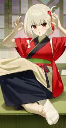 1girl absurdres apron architecture black_skirt blonde_hair brown_apron commentary_request dot_nose double_ok_sign east_asian_architecture feet hair_ribbon highres indoors japanese_clothes kimono light_blush looking_at_viewer lycoris_recoil nishikigi_chisato ok_sign one_side_up open_mouth red_eyes red_kimono red_ribbon ribbon short_hair single_bare_foot sitting skirt solo songchuan_li tabi tasuki tatami toes