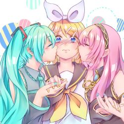 3girls aqua_hair aqua_nails blonde_hair blue_eyes blue_nails blush bow breasts brooch closed_eyes female_focus girl_sandwich hatsune_miku holding_hands jewelry kagamine_rin kissing_cheek long_hair megurine_luka multiple_girls neckerchief pink_hair sailor_collar sandwiched short_hair twintails vocaloid yellow_nails yellow_neckerchief yuri
