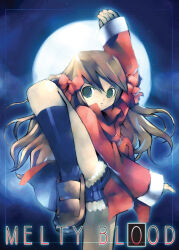 1girl arima_miyako arm_up bajiquan_(martial_arts) blue_eyes blue_shorts blue_socks bow brown_hair brown_shoes chinese_clothes closed_mouth commentary_request copyright_name cutoffs denim denim_shorts fighting_stance flexible frown full_moon hair_bow huge_moon jacket kei_(keigarou) kneehighs leg_up long_hair long_sleeves melty_blood moon night night_sky red_bow red_jacket shoes short_shorts shorts sky socks solo standing standing_on_one_leg star_(sky) starry_sky tangzhuang tsukihime