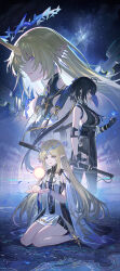 3girls bare_legs bare_shoulders black_boots black_collar black_dress black_gloves black_hair black_shorts black_thighhighs blonde_hair blue_eyes blue_flower boots breasts cartethyia_(wuthering_waves) chinese_commentary closed_mouth collar commentary_request cross-laced_clothes cross-laced_dress crown_of_thorns dress dual_persona earrings echj elbow_pads female_rover_(wuthering_waves) fleurdelys_(wuthering_waves) floating_earrings flower gloves highres holding holding_flower holding_sword holding_weapon horns jewelry large_breasts legs long_hair looking_at_viewer low_ponytail multiple_girls necklace orb parted_lips pointy_ears ponytail rover_(wuthering_waves) scabbard sheath sheathed short_shorts shorts sidelocks single_horn sleeveless sleeveless_dress small_breasts smile sword tabard tacet_mark_(wuthering_waves) thigh_boots thighhighs thighhighs_under_boots thighs very_long_hair weapon white_tabard wuthering_waves yellow_eyes yellow_horns
