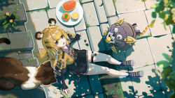1girl absurdres animal_ears black_gloves black_shirt black_shorts blonde_hair blue_shoes cat cropped_jacket fingerless_gloves food fruit gloves green_eyes hanasei highres hu_wei_(zenless_zone_zero) jacket ju_fufu long_hair multicolored_hair o-ring o-ring_thigh_strap open_mouth orange_(fruit) orange_slice shirt shoes shorts smile socks solo tail thigh_strap tiger_ears tiger_girl tiger_stripes tiger_tail two-tone_hair watermelon watermelon_slice white_hair white_socks yellow_jacket zenless_zone_zero