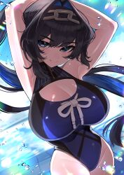 1girl absurdres arms_up black_hair blue_eyes blue_hair blue_one-piece_swimsuit blue_sky breasts chain chain_headband cleavage_cutout closed_mouth clothing_cutout colored_inner_hair commentary day hair_intakes highres hololive hololive_english holonatsu_paradise huge_breasts long_hair multicolored_hair official_alternate_costume one-piece_swimsuit ouro_kronii ouro_kronii_(holonatsu_paradise) outdoors sky smile solo swimsuit symbol-only_commentary virtual_youtuber yuuppi