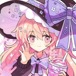 Rule 34 | 1girl, black hat, black sweater, blonde hair, blush, bow, braid, closed mouth, commentary request, cup, disposable cup, dot nose, drink, drinking straw, hand up, hat, hat bow, highres, holding, holding cup, kirisame marisa, long hair, long sleeves, looking at viewer, pink eyes, portrait, purple bow, shirocha tei, single braid, smile, solo, sweater, touhou, twitter username