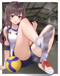 1girl absurdres arm_support artist_name bare_legs black_buruma blush breasts brown_eyes brown_hair buruma collarbone dirty_legwear eyelashes feet foot_focus foot_up full_body gym gym_uniform hand_up highres indoors knees_up legs long_hair looking_at_viewer lumina414 medium_breasts no_shoes open_mouth original shirt shoes single_shoe sleeveless sleeveless_shirt sneakers socks soles solo sportswear thighs toes volleyball volleyball_uniform white_shirt white_shoes white_sneakers white_socks wristband