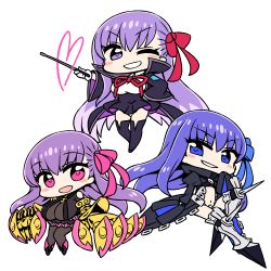 Rule 34 | &gt;;d, 10s, 3girls, :d, ;d, armor, bb (fate), bb (fate/extra), black legwear, blue eyes, blue hair, blue ribbon, blush stickers, boots, breasts, chan co, chibi, claws, commentary request, crotch plate, dress, fate/extra, fate/extra ccc, fate (series), greaves, hair ribbon, hand on own hip, hands in opposite sleeves, heart, high collar, holding, holding wand, large breasts, long hair, long sleeves, looking at viewer, meltryllis (fate), multiple girls, navel, one eye closed, open mouth, panties, pantyhose, parted lips, passionlip (fate), pink eyes, pink ribbon, purple dress, purple eyes, purple hair, ribbon, simple background, smile, smirk, smug, spikes, thighhighs, tied sleeves, underwear, v-shaped eyebrows, very long hair, wand, white background, white panties
