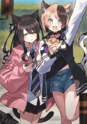 2girls :3 absurdres animal_ear_fluff animal_ears black_hair black_jacket black_shirt black_skirt brown_hair calico_cat-chan_(katsu) cat_ears cat_girl cat_tail collared_shirt denim denim_shorts highres holding holding_phone jacket katsu_(katsupainter) kuroneko-chan_(katsu) long_hair multicolored_hair multicolored_jacket multiple_girls necktie open_mouth original phone pink_jacket shirt short_hair shorts skirt striped_necktie tail two-tone_hair two-tone_jacket white_jacket white_shirt yellow_eyes