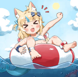 &gt;_&lt; 1girl animal_ears barefoot bikini blonde_hair blue_bikini blue_hair blunt_bangs cat_ears closed_eyes commentary crab day fang fins fish_girl fish_tail highres indie_virtual_youtuber long_hair low_twintails multicolored_hair notice_lines ocean one_side_up open_mouth outdoors revision sameko_saba skin_fang soles solo streaked_hair striped_bikini striped_clothes swimsuit tail toes tomboysweat69 twintails virtual_youtuber water