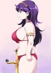 1girl armlet asamiya_athena athena_(series) bikini breasts coveredcore curvy gluteal_fold gold hairband highres jewelry large_breasts long_hair nemo pale_skin princess_athena purple_hair red_bikini snk_heroines:_tag_team_frenzy standing swimsuit the_king_of_fighters themanyoukilled thick_thighs thighs weapon