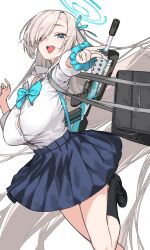 1girl asuna_(blue_archive) asuna_(school_uniform)_(blue_archive) bag black_skirt blue_archive blue_eyes blue_ribbon blush breasts choker collared_shirt dress_shirt grey_hair gun haimura_kiyotaka hair_over_one_eye hair_ribbon halo highres large_breasts long_hair looking_at_viewer one_eye_closed open_mouth pleated_skirt ribbon school_bag scrunchie shirt skirt sleeves_rolled_up smile solo thighs very_long_hair weapon white_shirt wrist_scrunchie