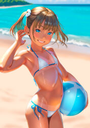 1girl ball bare_arms beachball bikini blue_eyes blue_sky blush brown_hair collarbone commentary_request day flat_chest grin hair_ornament hair_scrunchie highres holding holding_ball holding_beachball horizon loli looking_at_viewer navel ocean original outdoors scrunchie short_hair sidelocks sky smile solo standing swimsuit tan tanline twintails uzuki_mei white_bikini