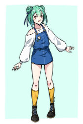 1girl :d absurdres artist_name bare_shoulders black_shoes blue_background blue_skirt blurryken butterfly_pin double_bun full_body green_hair hair_bun hair_ribbon highres hololive long_sleeves looking_at_viewer open_mouth overalls red_eyes ribbon shirt shoes short_hair simple_background skirt skull_pin smile socks solo standing uruha_rushia virtual_youtuber white_shirt yellow_socks