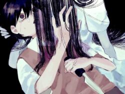 1boy 1girl arm_support black_background black_eyes black_hair brother_and_sister brown_sweater_vest clenched_teeth collared_shirt crying crying_with_eyes_open double-parted_bangs dress film_grain fingernails hair_behind_ear hair_between_eyes hand_on_another&#039;s_head hashtag-only_commentary holding holding_knife knife lap_pillow long_hair looking_at_another lying madai_(si_202) mari_(faraway)_(omori) mari_(omori) omori on_back reverse_grip scared shirt short_hair short_sleeves siblings simple_background sitting straight_hair sunny_(omori) sweater_vest tears teeth upper_body very_long_hair very_short_hair white_dress white_shirt wide-eyed