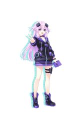 adult_neptune aged_up alternate_color book choker choujigen_game_neptune:_gamemaker_r:evolution d-pad d-pad_hair_ornament hair_ornament highres holster hood hooded_jacket hooded_track_jacket jacket long_hair neptune_(series) official_alternate_hair_length official_alternate_hairstyle official_art purple_eyes purple_hair track_jacket transparent_background tsunako usb v