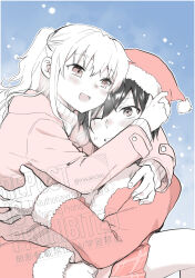 Rule 34 | 1boy, 1girl, black hair, brown eyes, charlotte (anime), couple, fur-trimmed headwear, fur-trimmed jacket, fur trim, gloves, hat, highres, hug, jacket, long hair, misaki juri, one eye closed, otosaka yuu, red hat, santa costume, short hair, snow, tomori nao, two side up, upper body, watermark, white hair